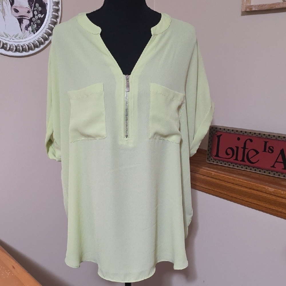 Cato Light Green Zip-Front Blouse - Picture 1 of 4